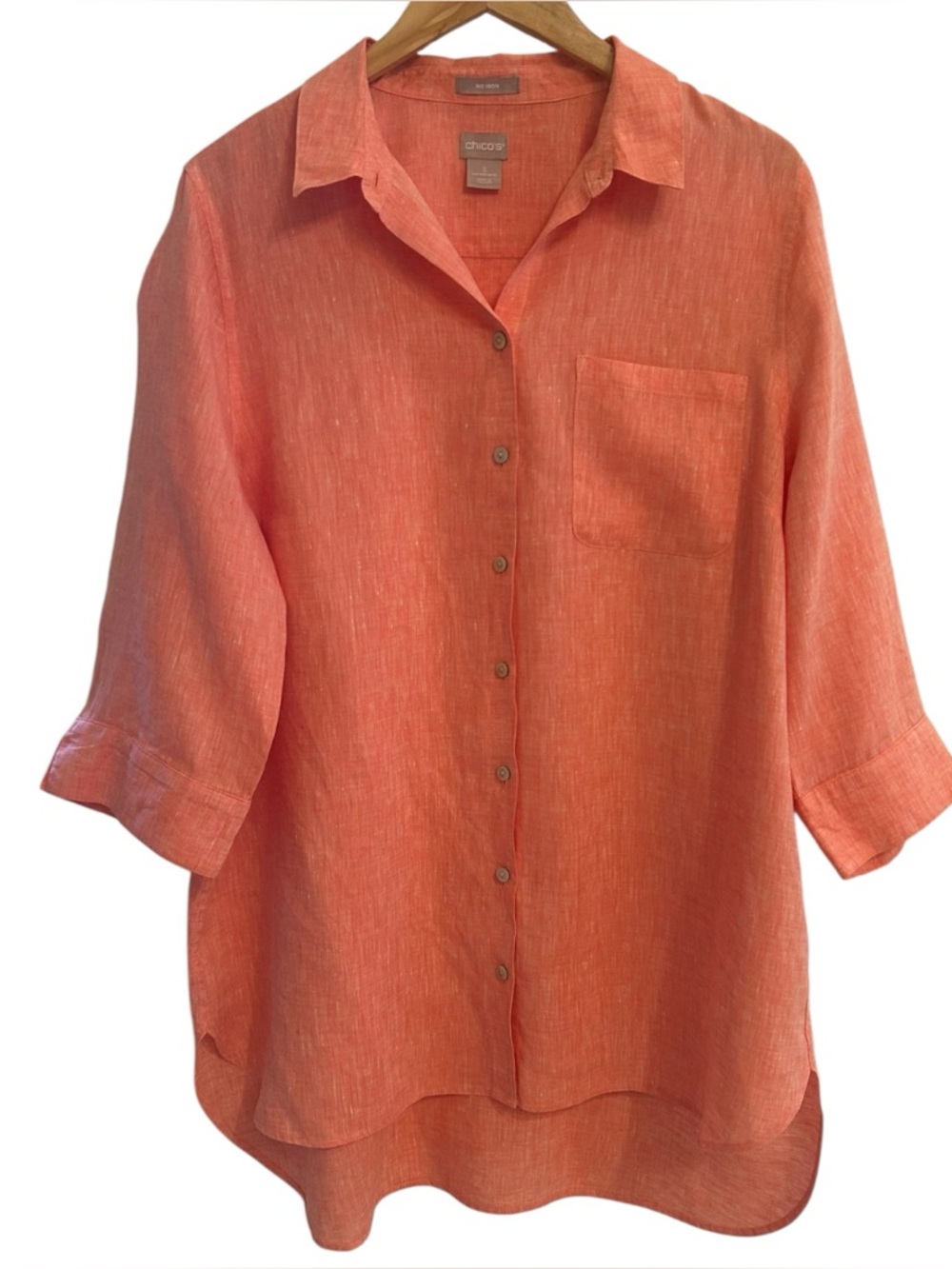 Chico's 100% Linen No Iron Button-Down Shirt Women’s Size 3 Coral Tunic